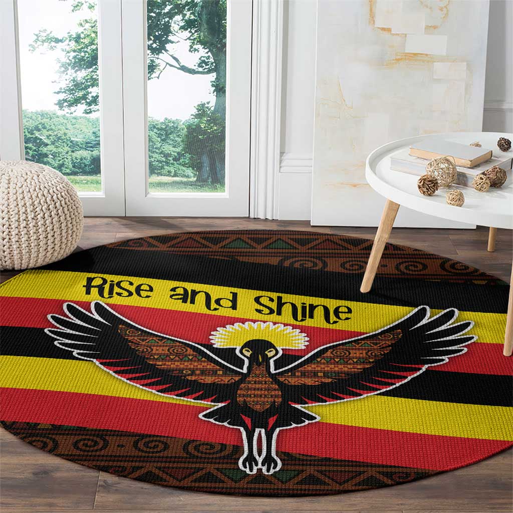 Uganda Round Carpet with Crested Crane and Rise and Shine Tribal Pattern Design