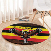 Uganda Round Carpet with Crested Crane and Rise and Shine Tribal Pattern Design