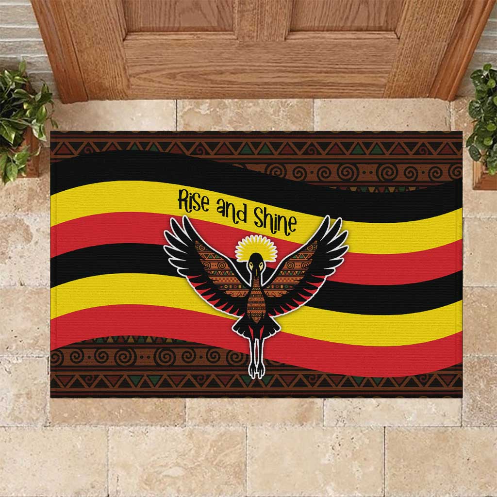 Uganda Rubber Doormat with Crested Crane and Rise and Shine Tribal Pattern Design
