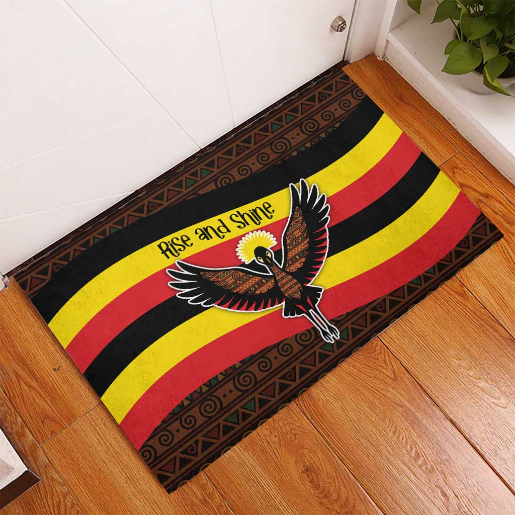 Uganda Rubber Doormat with Crested Crane and Rise and Shine Tribal Pattern Design