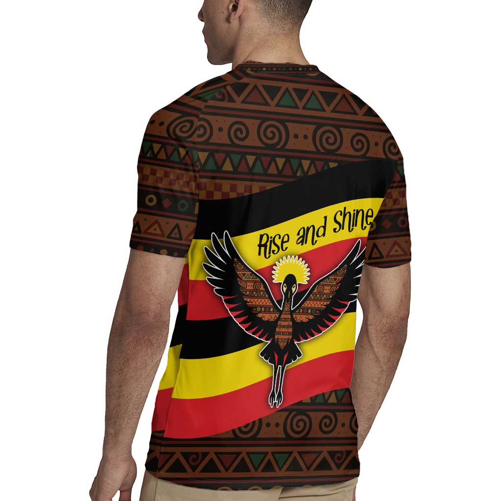 Uganda Rugby Jersey with Crested Crane and Rise and Shine Tribal Pattern Design