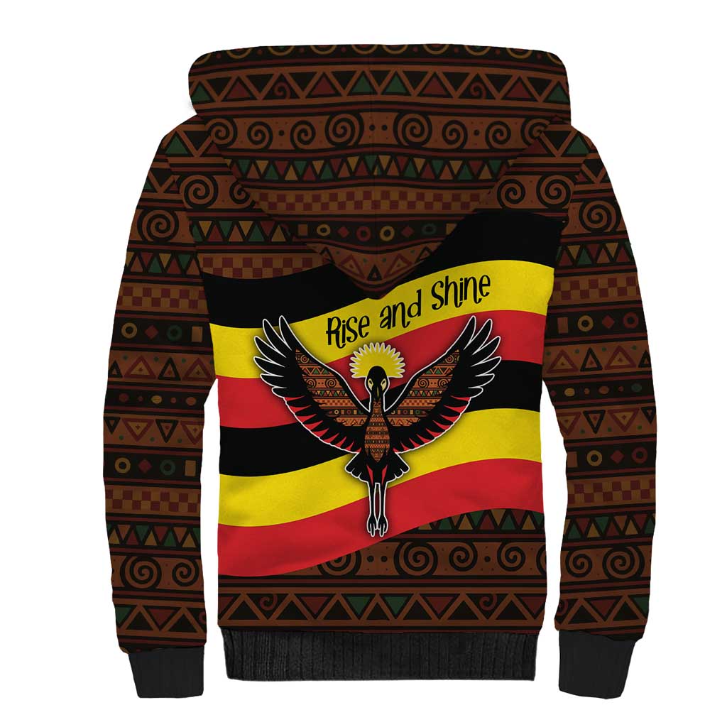 Uganda Sherpa Hoodie with Crested Crane and Rise and Shine Tribal Pattern Design