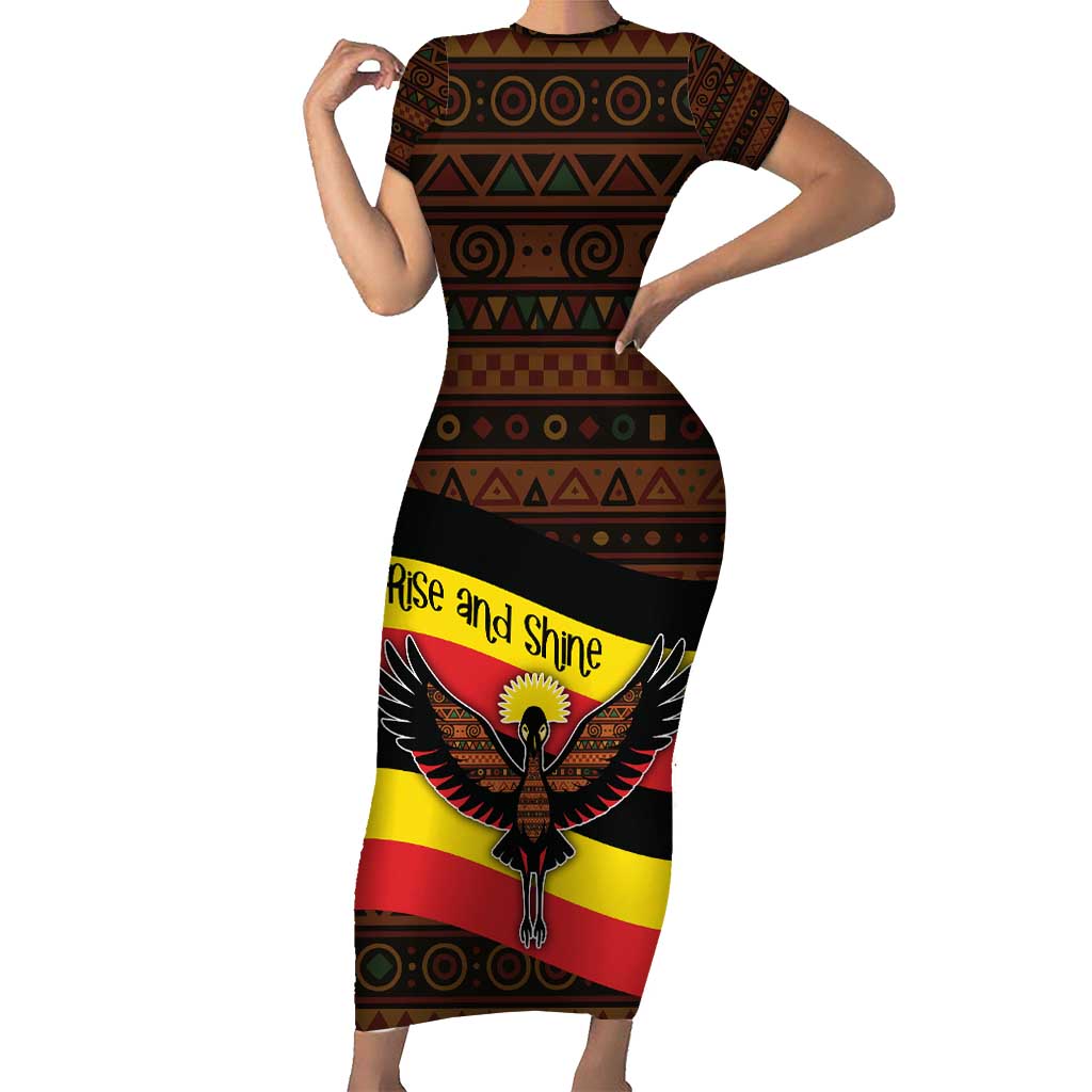 Uganda Short Sleeve Bodycon Dress with Crested Crane and Rise and Shine Tribal Pattern Design