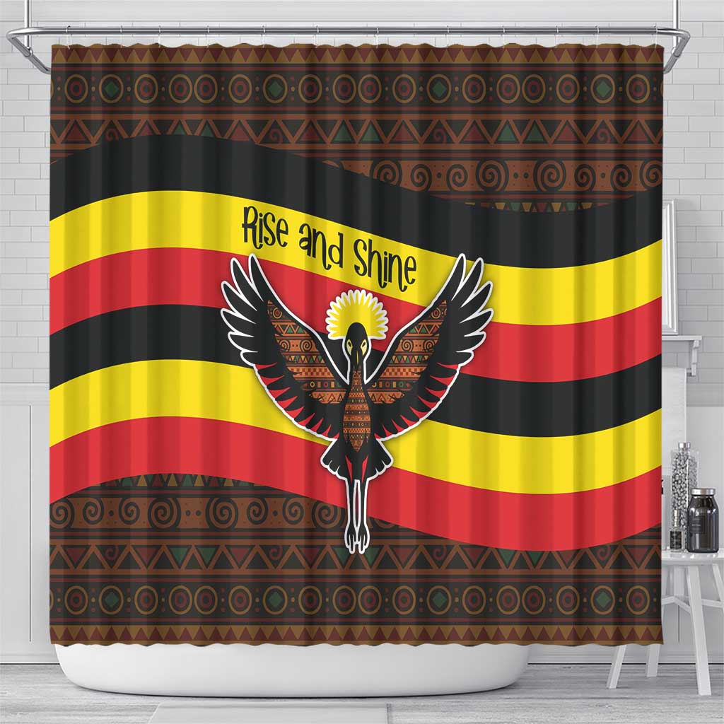 Uganda Shower Curtain with Crested Crane and Rise and Shine Tribal Pattern Design
