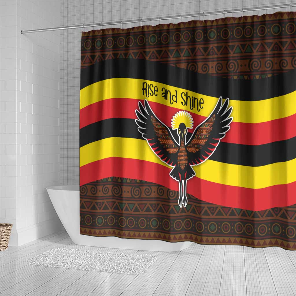 Uganda Shower Curtain with Crested Crane and Rise and Shine Tribal Pattern Design