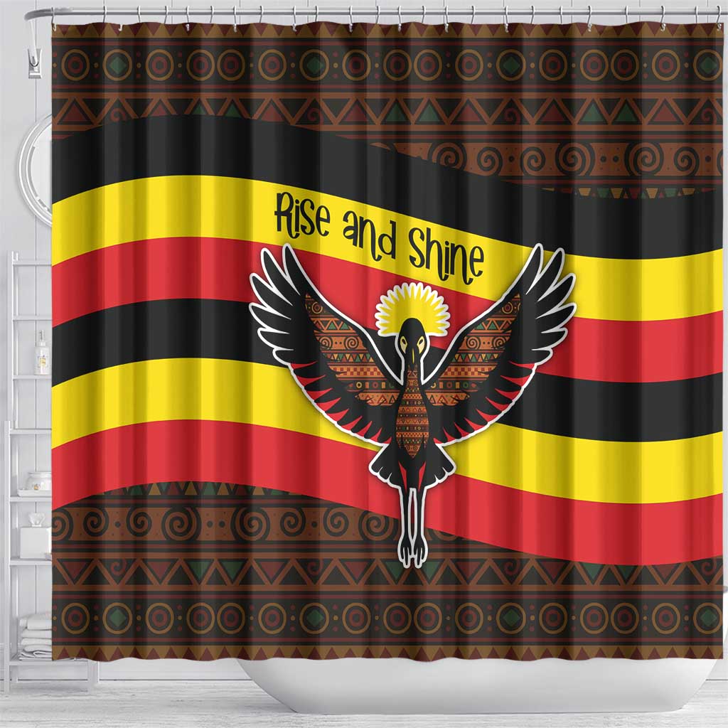Uganda Shower Curtain with Crested Crane and Rise and Shine Tribal Pattern Design