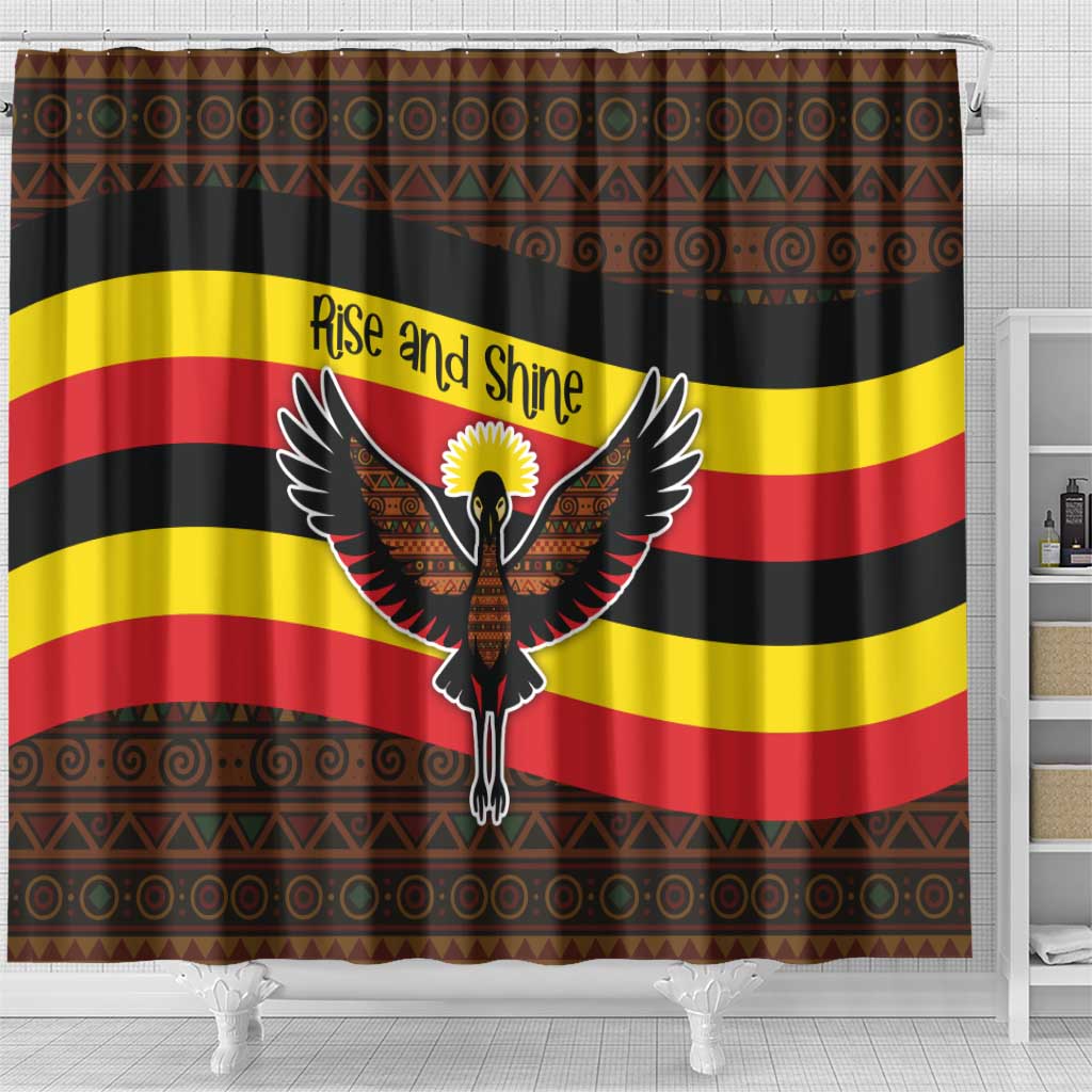 Uganda Shower Curtain with Crested Crane and Rise and Shine Tribal Pattern Design