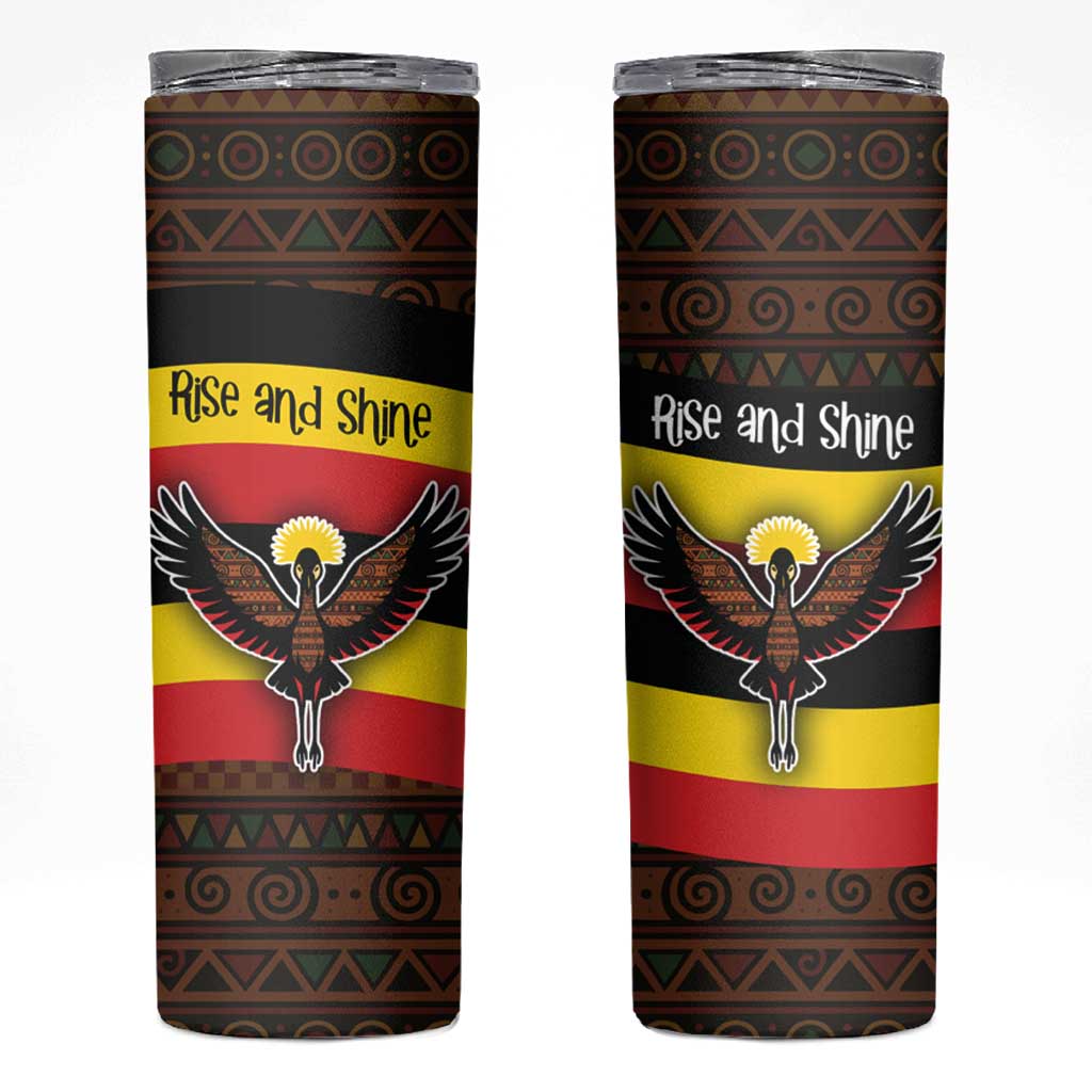 Uganda Skinny Tumbler with Crested Crane and Rise and Shine Tribal Pattern Design