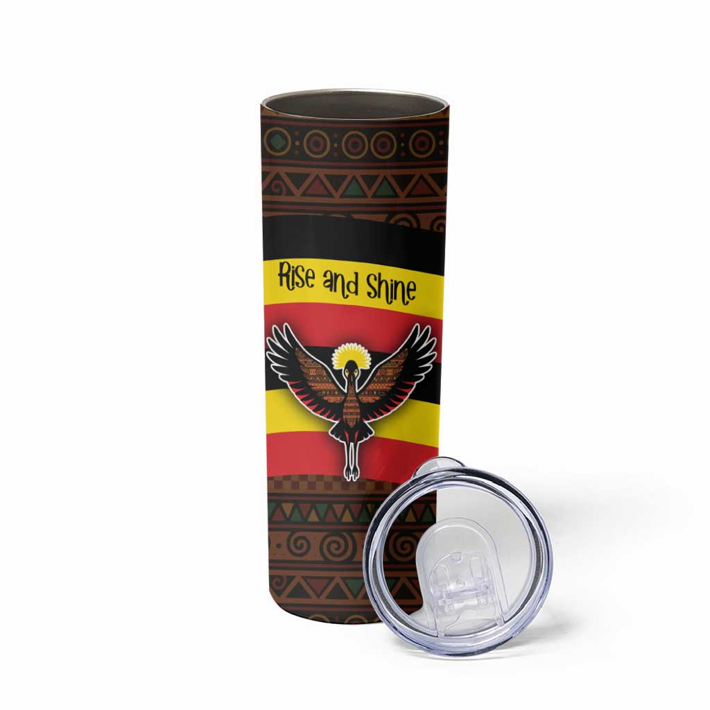 Uganda Skinny Tumbler with Crested Crane and Rise and Shine Tribal Pattern Design