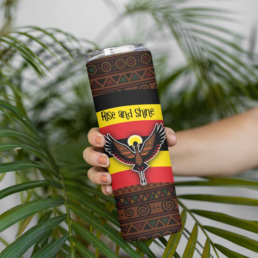 Uganda Skinny Tumbler with Crested Crane and Rise and Shine Tribal Pattern Design