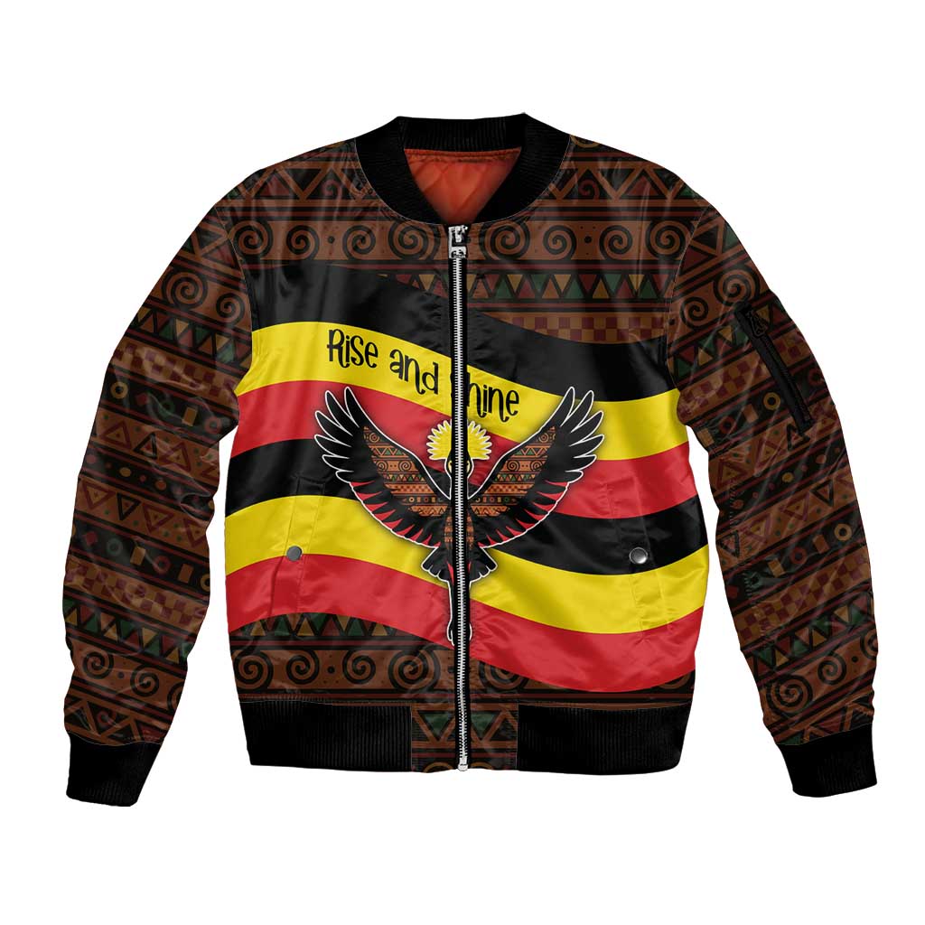 Uganda Sleeve Zip Bomber Jacket with Crested Crane and Rise and Shine Tribal Pattern Design