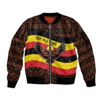 Uganda Sleeve Zip Bomber Jacket with Crested Crane and Rise and Shine Tribal Pattern Design