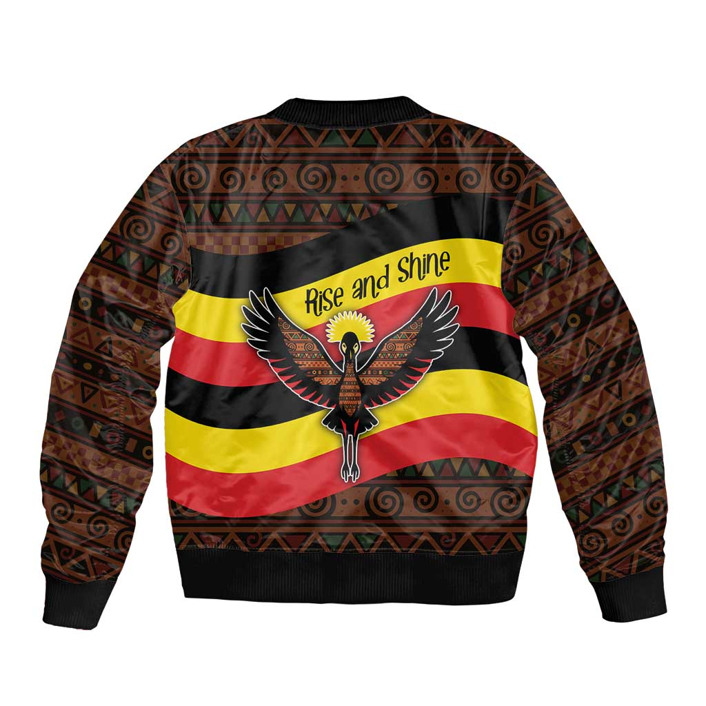 Uganda Sleeve Zip Bomber Jacket with Crested Crane and Rise and Shine Tribal Pattern Design
