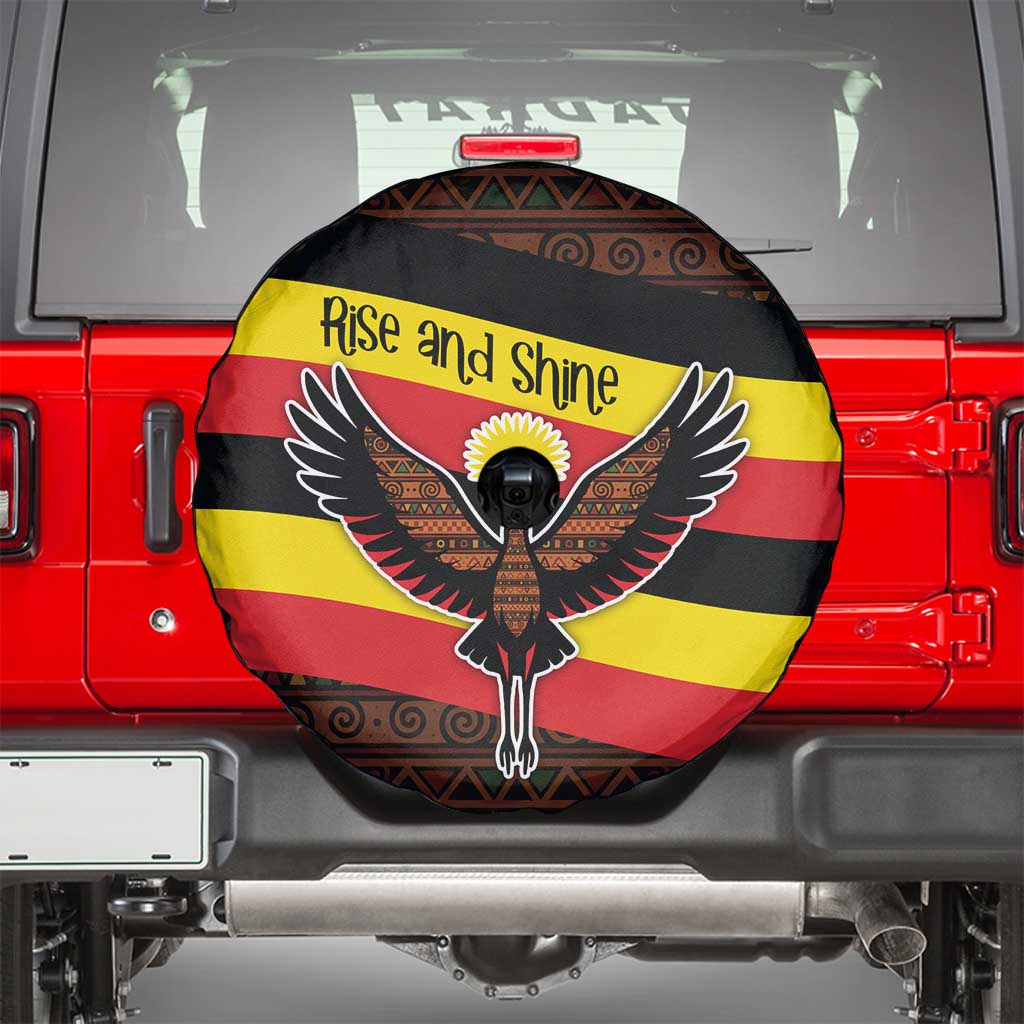 Uganda Spare Tire Cover with Crested Crane and Rise and Shine Tribal Pattern Design