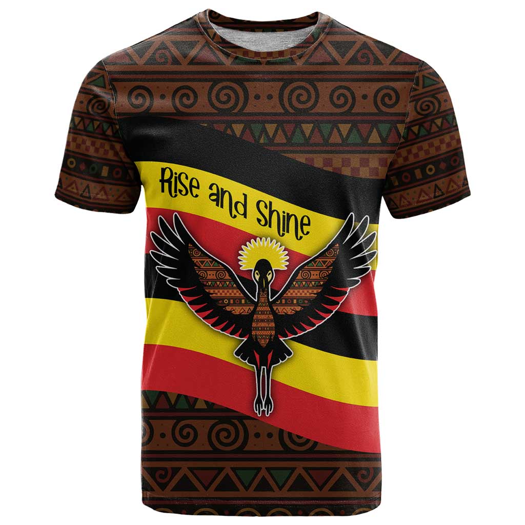 Uganda T Shirt with Crested Crane and Rise and Shine Tribal Pattern Design