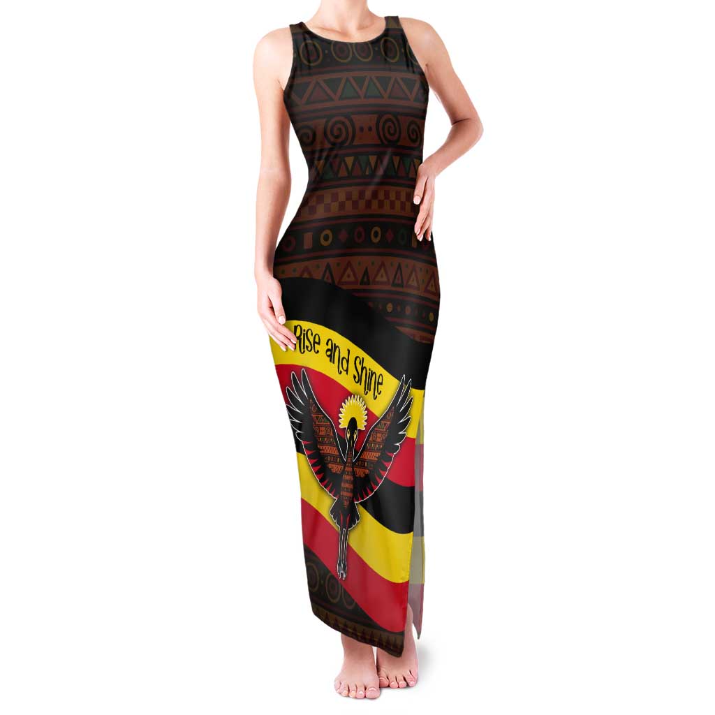 Uganda Tank Maxi Dress with Crested Crane and Rise and Shine Tribal Pattern Design