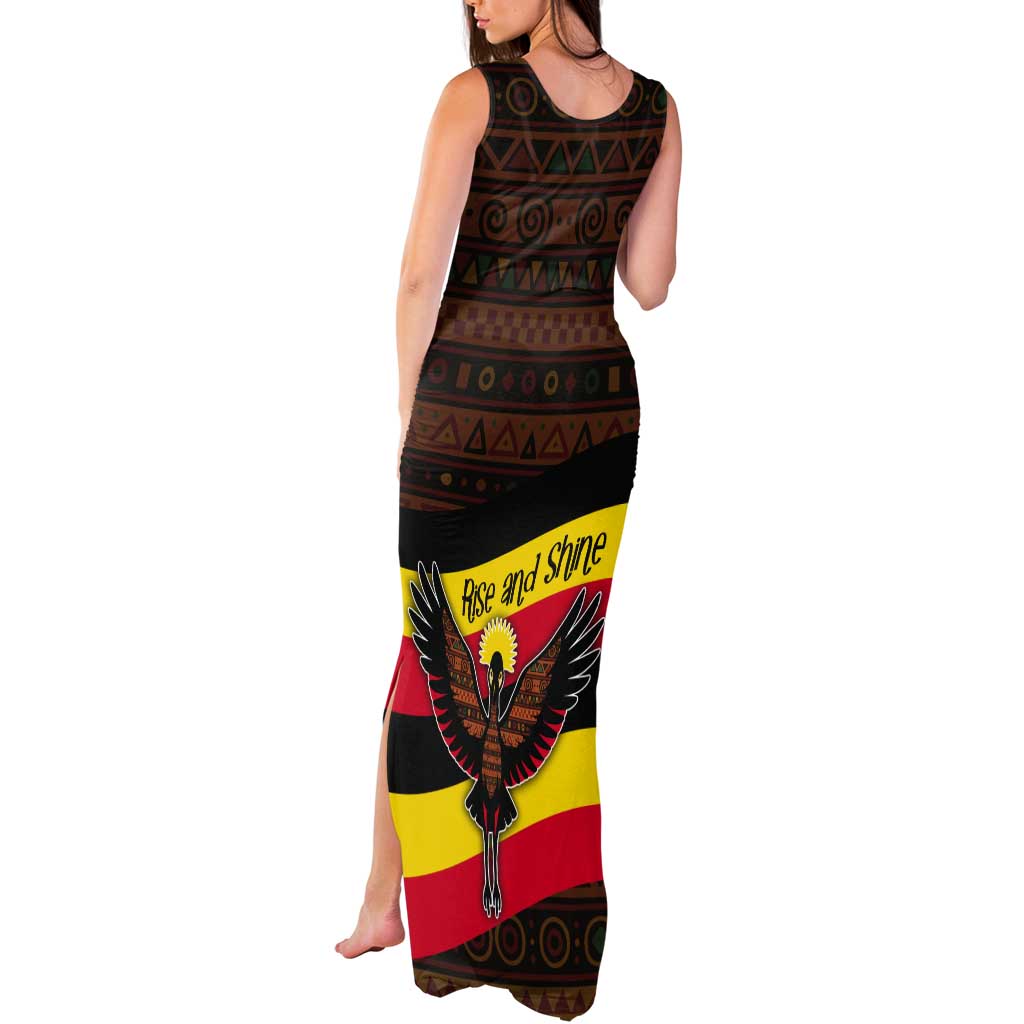 Uganda Tank Maxi Dress with Crested Crane and Rise and Shine Tribal Pattern Design