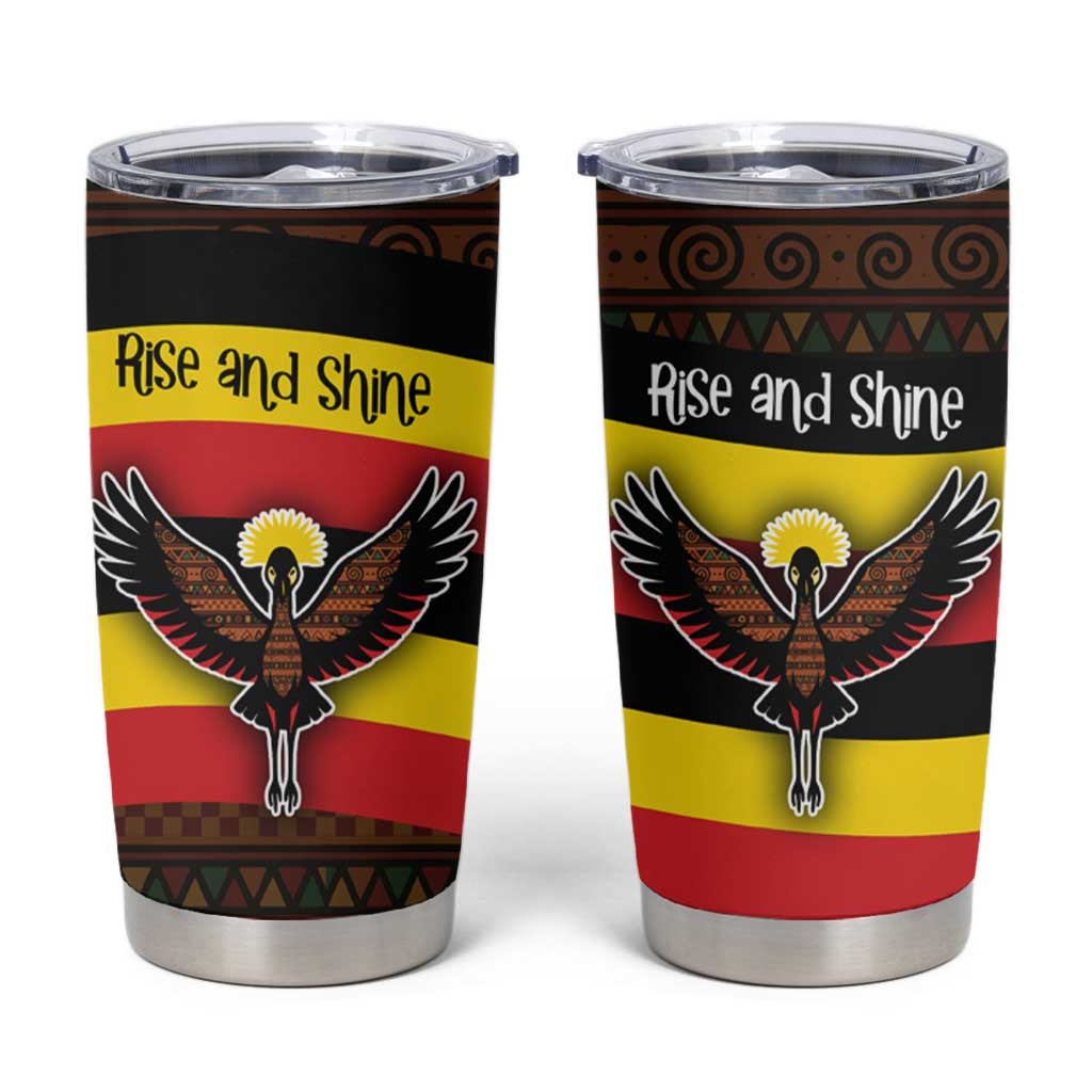 Uganda Tumbler Cup with Crested Crane and Rise and Shine Tribal Pattern Design