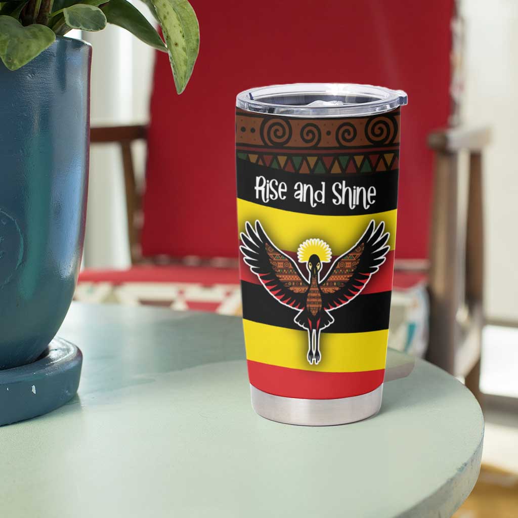 Uganda Tumbler Cup with Crested Crane and Rise and Shine Tribal Pattern Design