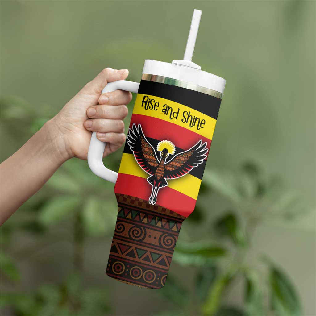 Uganda Tumbler With Handle with Crested Crane and Rise and Shine Tribal Pattern Design