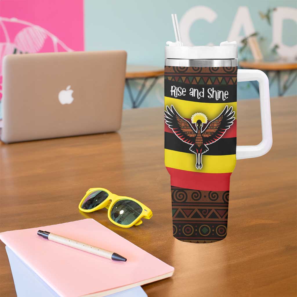 Uganda Tumbler With Handle with Crested Crane and Rise and Shine Tribal Pattern Design