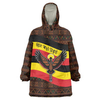 Uganda Wearable Blanket Hoodie with Crested Crane and Rise and Shine Tribal Pattern Design