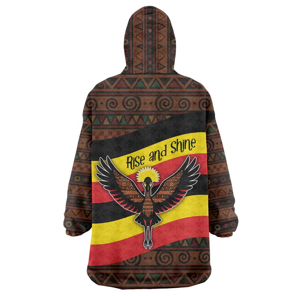 Uganda Wearable Blanket Hoodie with Crested Crane and Rise and Shine Tribal Pattern Design