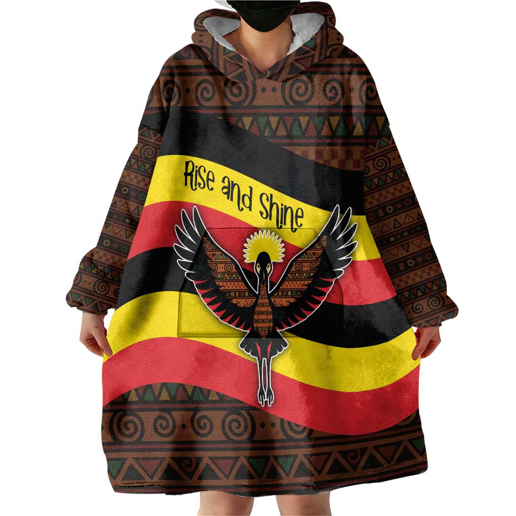 Uganda Wearable Blanket Hoodie with Crested Crane and Rise and Shine Tribal Pattern Design