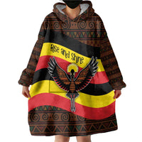 Uganda Wearable Blanket Hoodie with Crested Crane and Rise and Shine Tribal Pattern Design