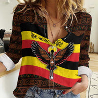 Uganda Women Casual Shirt with Crested Crane and Rise and Shine Tribal Pattern Design