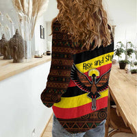 Uganda Women Casual Shirt with Crested Crane and Rise and Shine Tribal Pattern Design