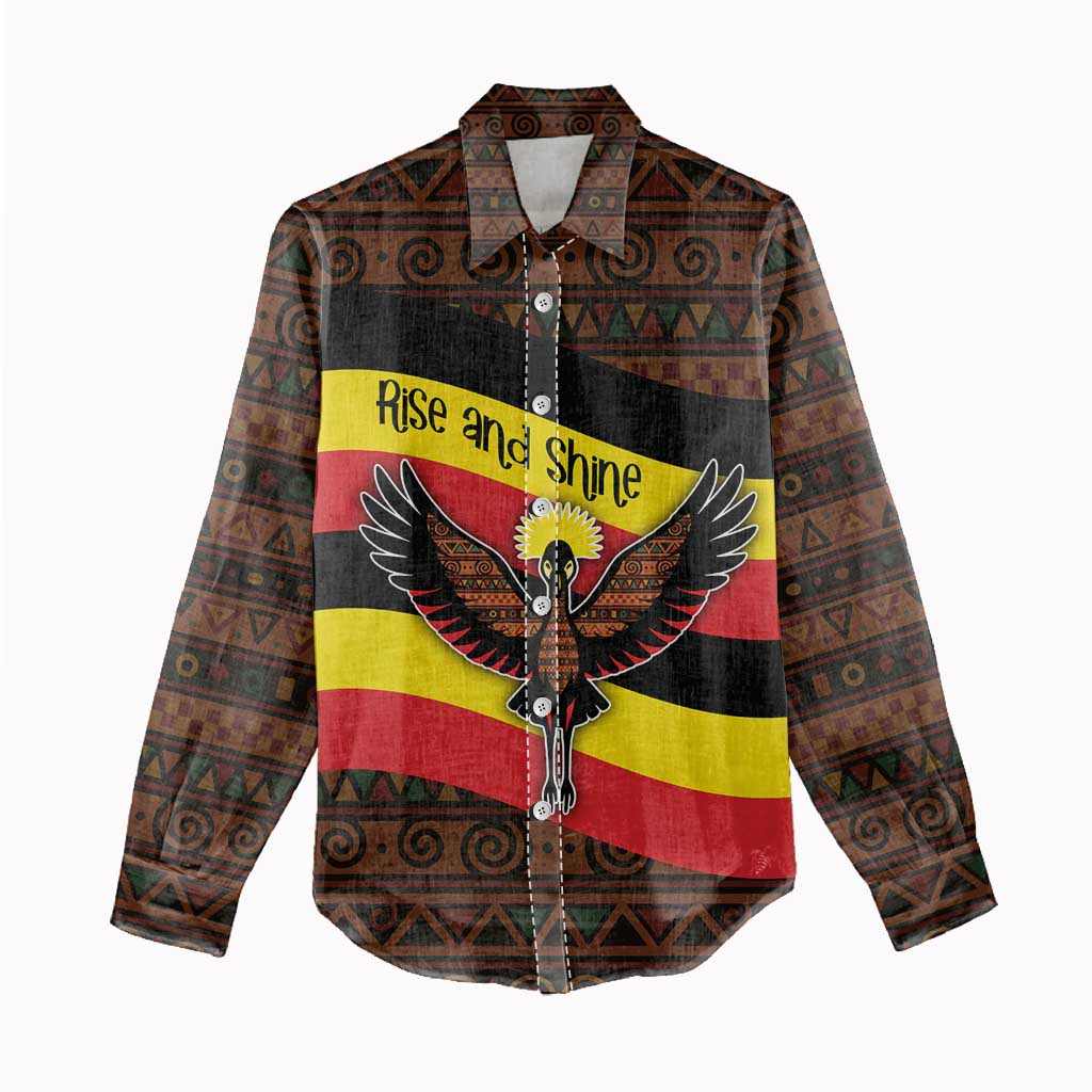 Uganda Women Casual Shirt with Crested Crane and Rise and Shine Tribal Pattern Design
