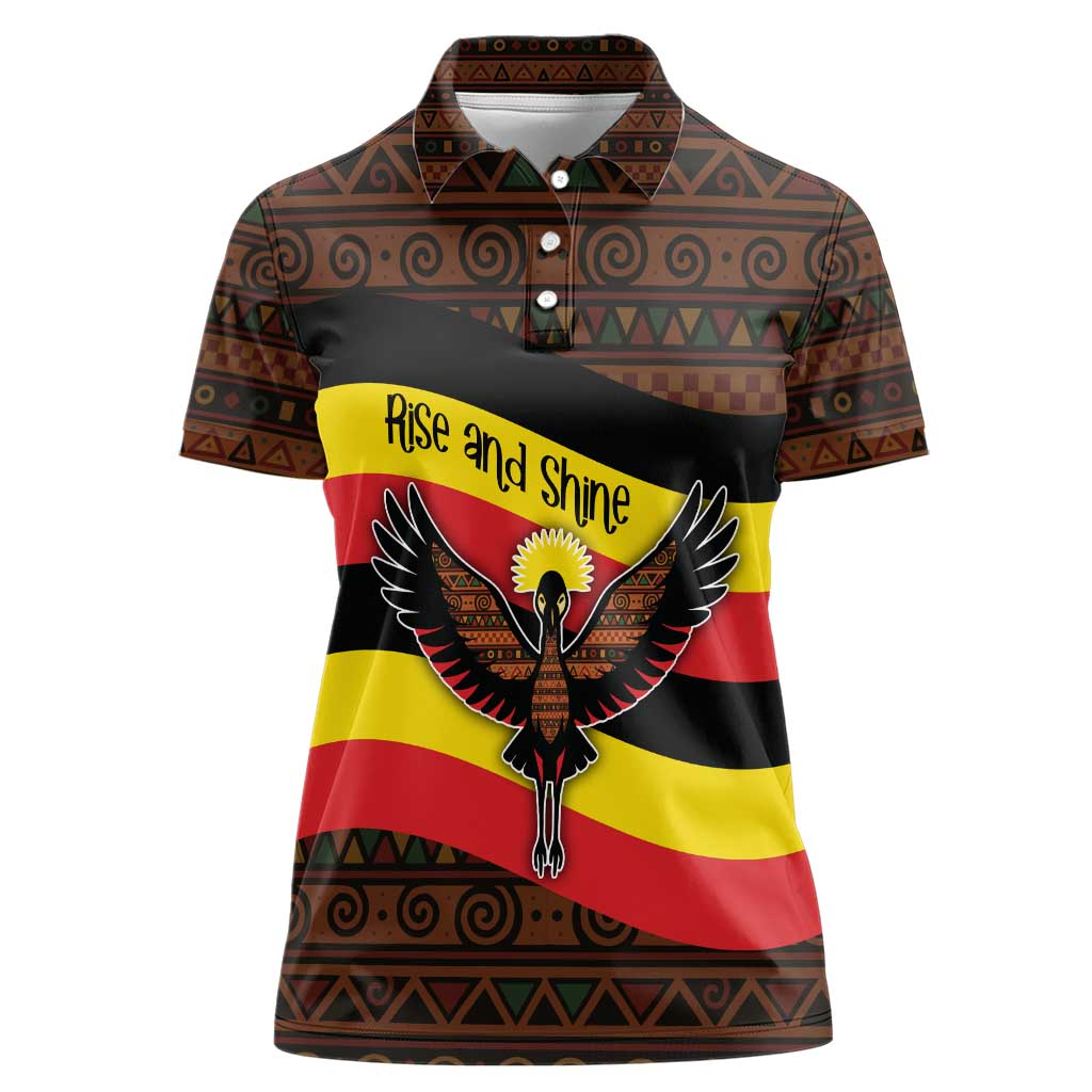 Uganda Women Polo Shirt with Crested Crane and Rise and Shine Tribal Pattern Design