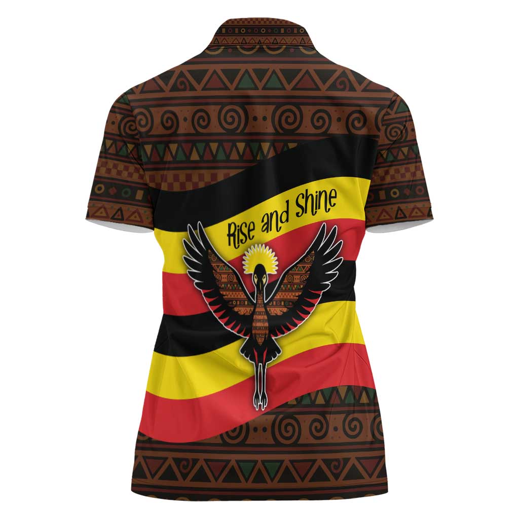 Uganda Women Polo Shirt with Crested Crane and Rise and Shine Tribal Pattern Design