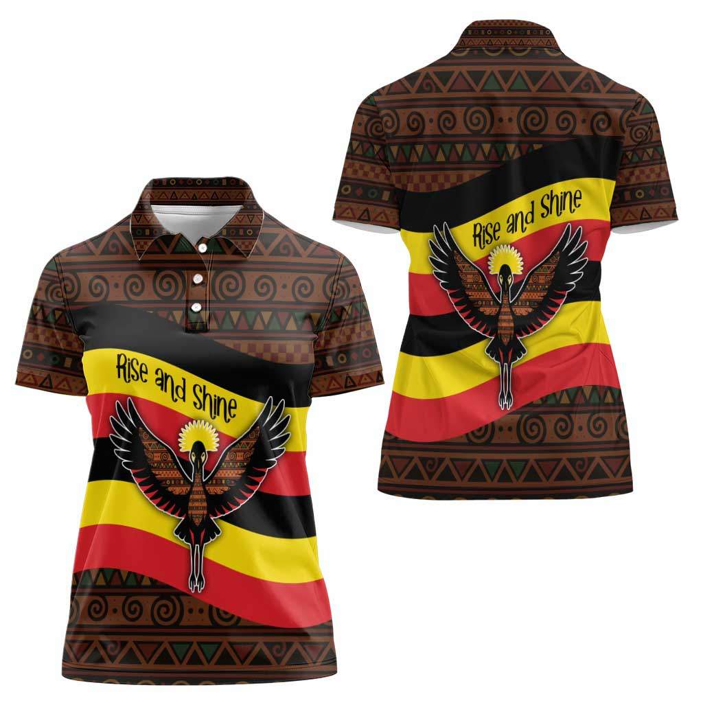 Uganda Women Polo Shirt with Crested Crane and Rise and Shine Tribal Pattern Design