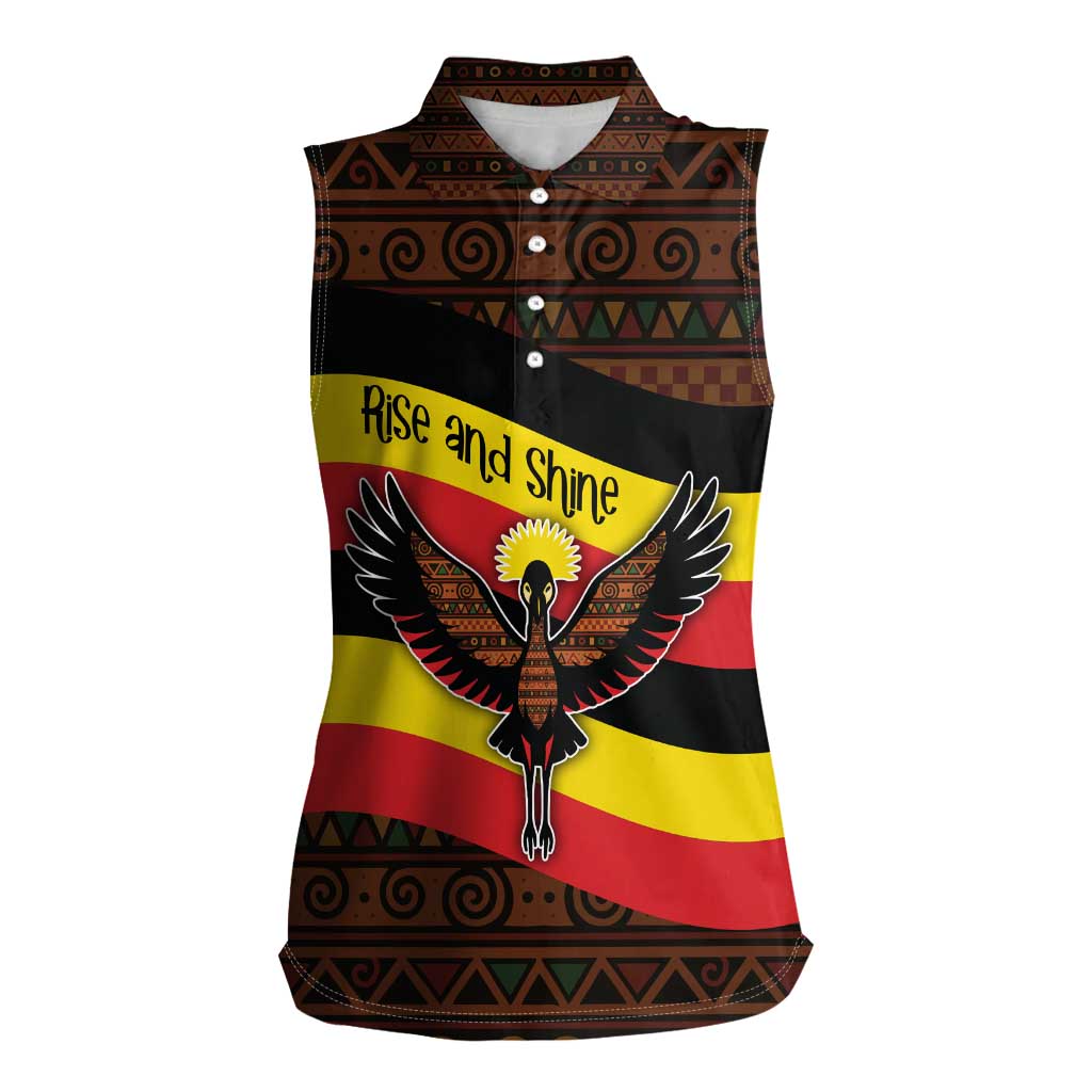 Uganda Women Sleeveless Polo Shirt with Crested Crane and Rise and Shine Tribal Pattern Design