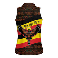 Uganda Women Sleeveless Polo Shirt with Crested Crane and Rise and Shine Tribal Pattern Design