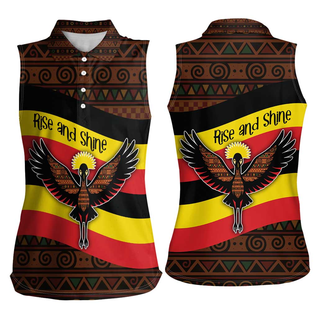 Uganda Women Sleeveless Polo Shirt with Crested Crane and Rise and Shine Tribal Pattern Design