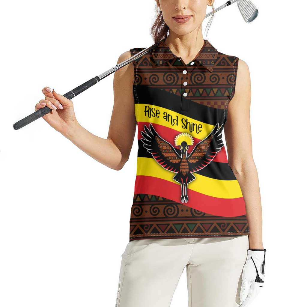 Uganda Women Sleeveless Polo Shirt with Crested Crane and Rise and Shine Tribal Pattern Design