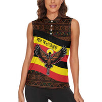 Uganda Women Sleeveless Polo Shirt with Crested Crane and Rise and Shine Tribal Pattern Design