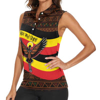 Uganda Women Sleeveless Polo Shirt with Crested Crane and Rise and Shine Tribal Pattern Design