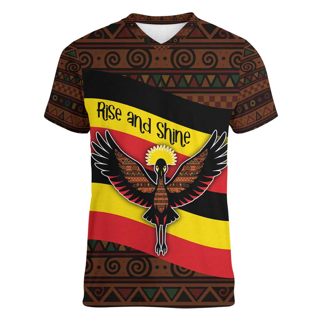 Uganda Women V-Neck T-Shirt with Crested Crane and Rise and Shine Tribal Pattern Design