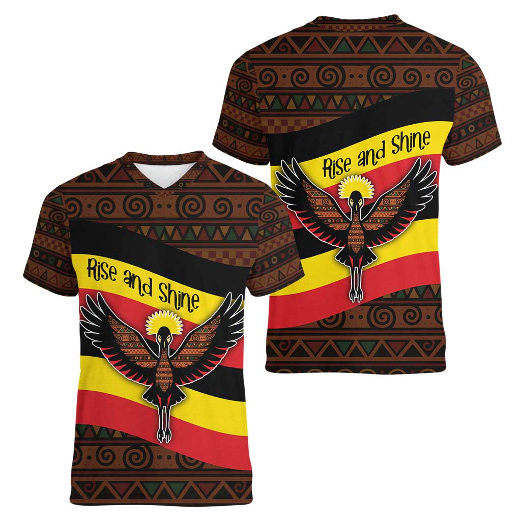 Uganda Women V-Neck T-Shirt with Crested Crane and Rise and Shine Tribal Pattern Design