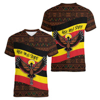 Uganda Women V-Neck T-Shirt with Crested Crane and Rise and Shine Tribal Pattern Design
