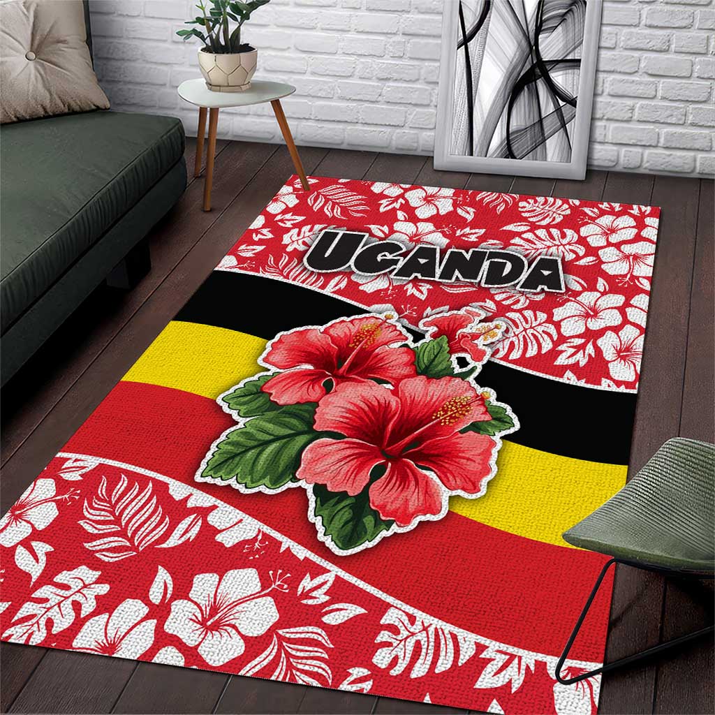Uganda Area Rug with Red Hibiscus Flowers and National Flag Design