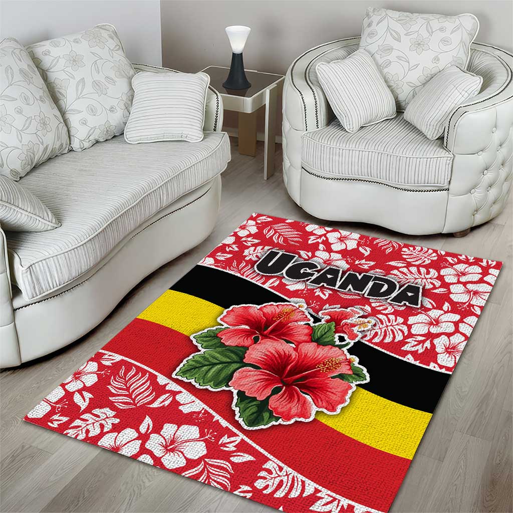Uganda Area Rug with Red Hibiscus Flowers and National Flag Design