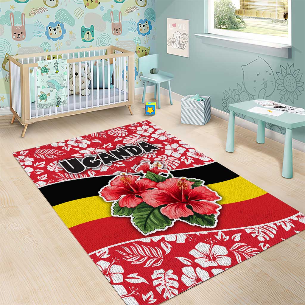 Uganda Area Rug with Red Hibiscus Flowers and National Flag Design