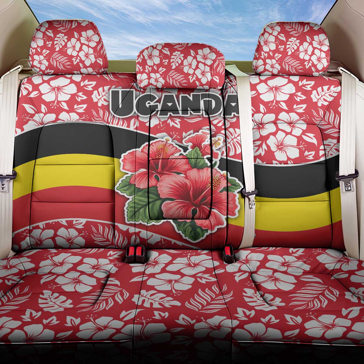 Uganda Back Car Seat Cover with Red Hibiscus Flowers and National Flag Design