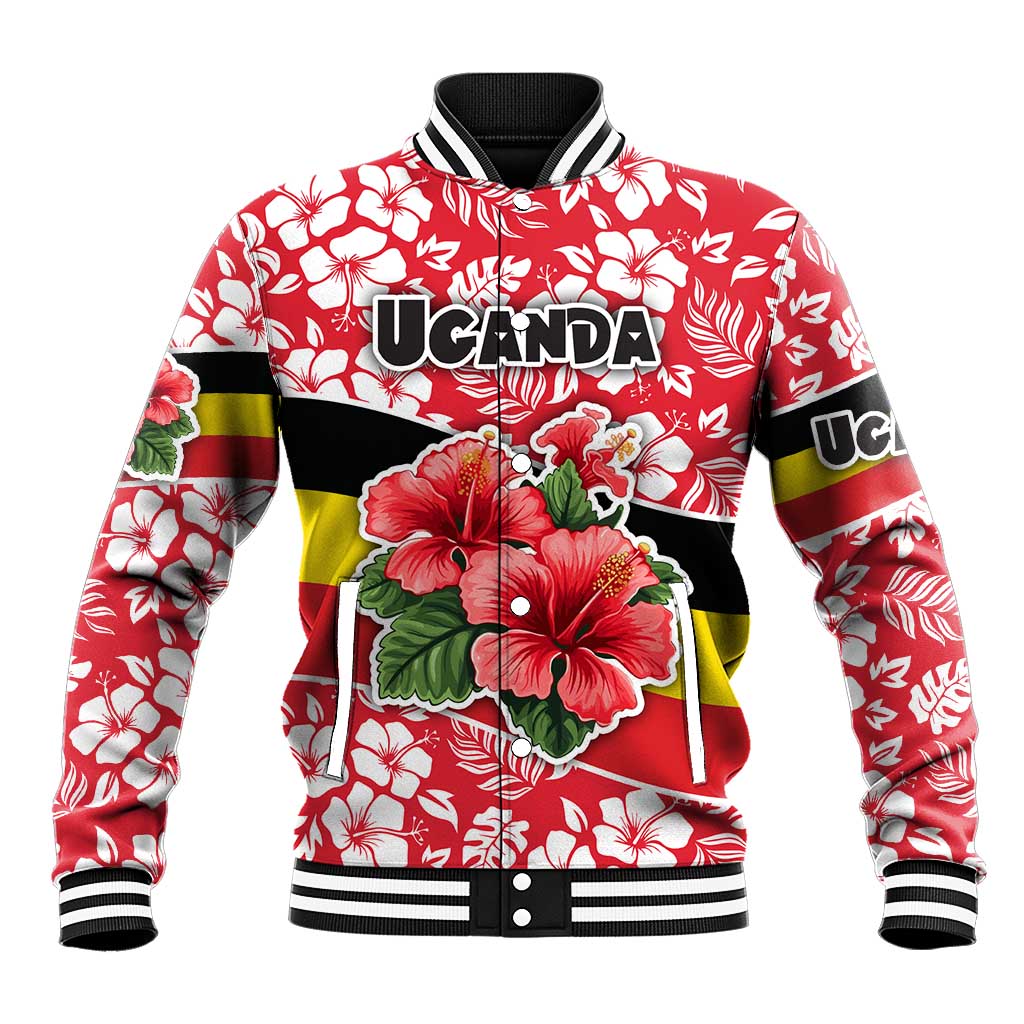 Uganda Baseball Jacket with Red Hibiscus Flowers and National Flag Design