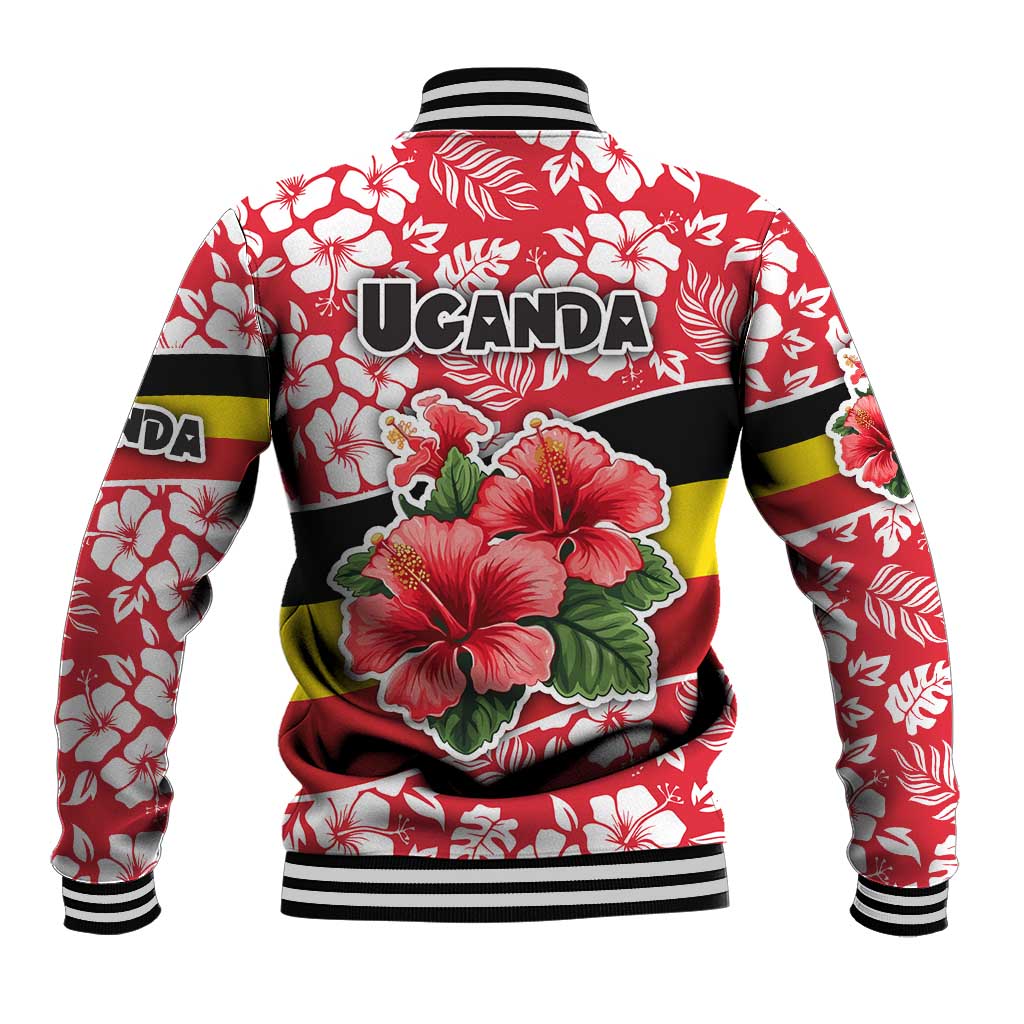 Uganda Baseball Jacket with Red Hibiscus Flowers and National Flag Design